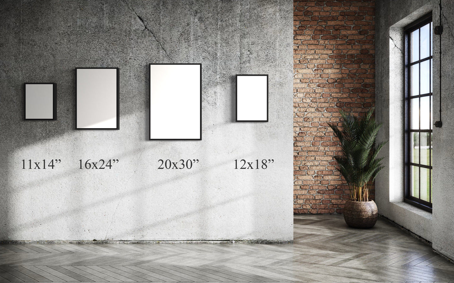 Size comparison mockup of four blank framed watercolor painting print options—11x14”, 16x24”, 20x30”, and 12x18”—displayed on a textured concrete wall in a modern industrial interior with natural lighting and a potted plant, ideal for choosing the perfect original artwork or fine art reproduction for home, office, or gift decor; searchable keywords include: interior design wall art, watercolor painting for home office, original art gift for him/her, travel art prints, and custom-sized fine art prints.