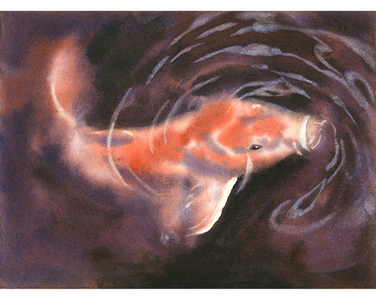 Colorful Koi swimming in pond watercolor painting landscape fish artwork wall art handmade item pond artwork