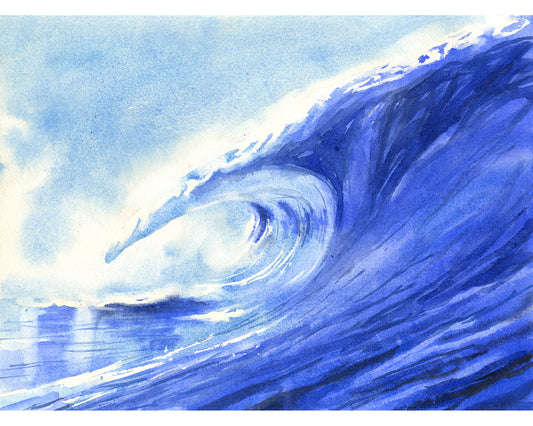 Ocean waves colorful blue watercolor landscape nautical beach house artwork handmade item surfing decor