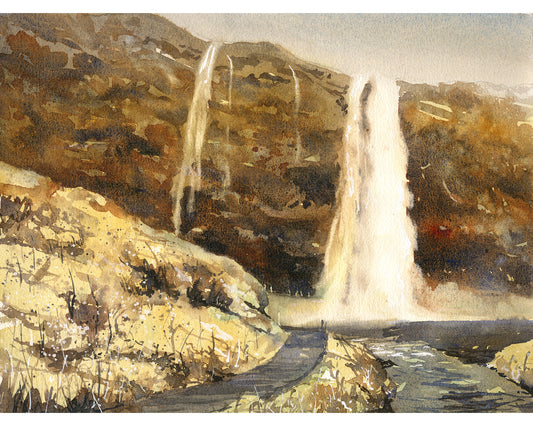 Seljalandsfoss iceland waterfalls Icelandic landscape colorful artwork art for house handmade item Europe watercolor decor painting