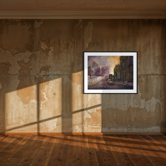 Kilkenny Castle silhouette colorful sunrise watercolor cityscape painting Ireland home decor Irish city handmade artwork travel essentials