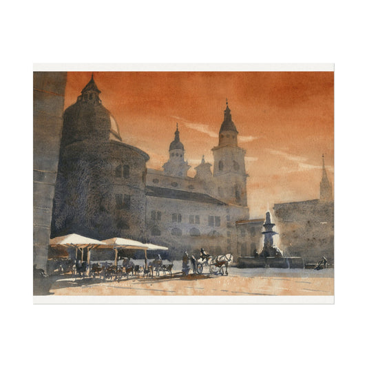 Salzburg Austria watercolor painting of historic Old Town architecture at sunset