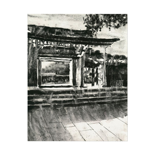 Meiji Jingu shinto temple Tokyo Japan monochromatic watercolor painting handmade item Japanese architecture travel home decor wall artwork