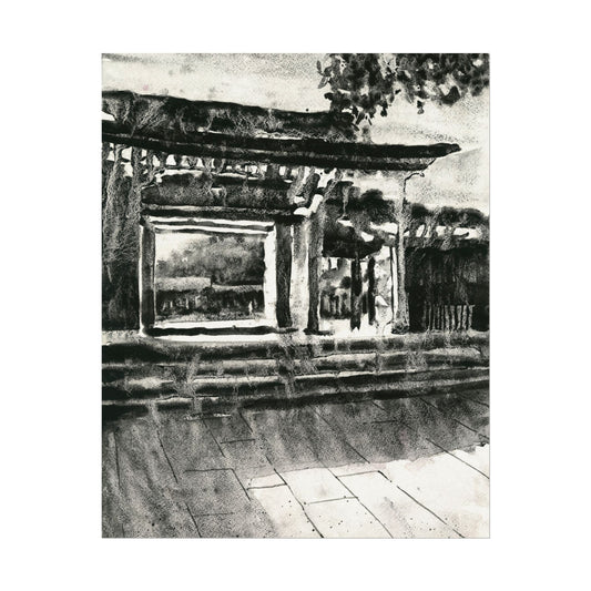 Meiji Jingu shinto temple Tokyo Japan monochromatic watercolor painting handmade item Japanese architecture travel home decor wall artwork