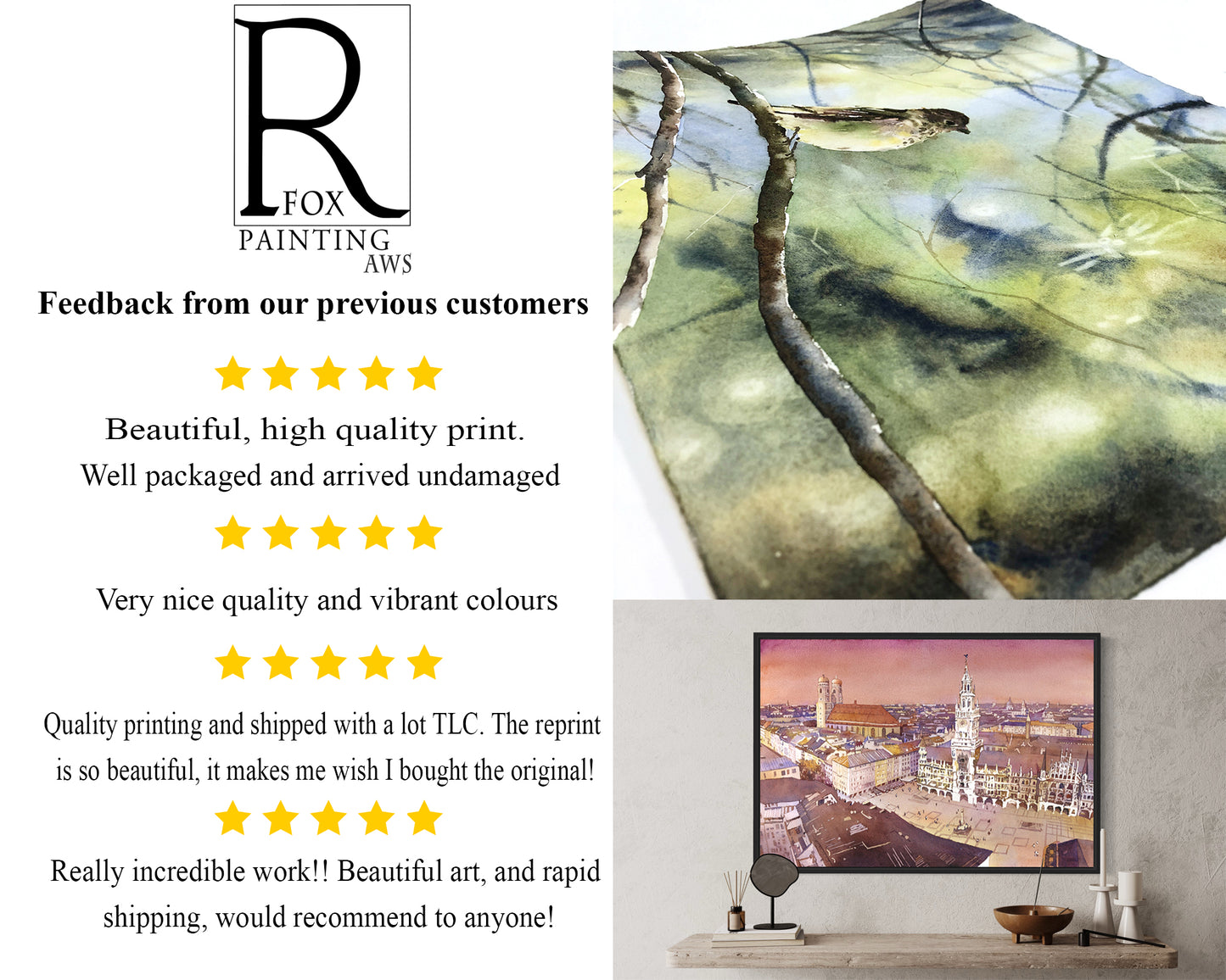 Customer review collage showcasing 5-star feedback for Ryan Fox Watercolors artwork, featuring close-up of a detailed bird watercolor painting and framed cityscape print on a modern interior wall—ideal for interior design, fine art collection, and gifts for him or her. Keywords include: real watercolor painting, home office wall decor, travel-inspired art, fine art print reviews, original artwork for sale by real artist.