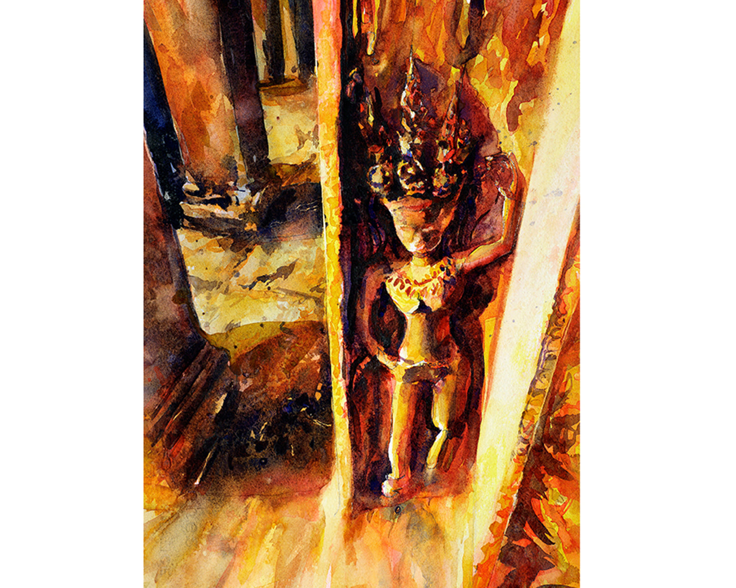 Watercolor painting of colorful sunset silhouetting the 9th century Khmer ruins of Angkor Wat in Cambodia—perfect Angkor painting for home or office wall decor.