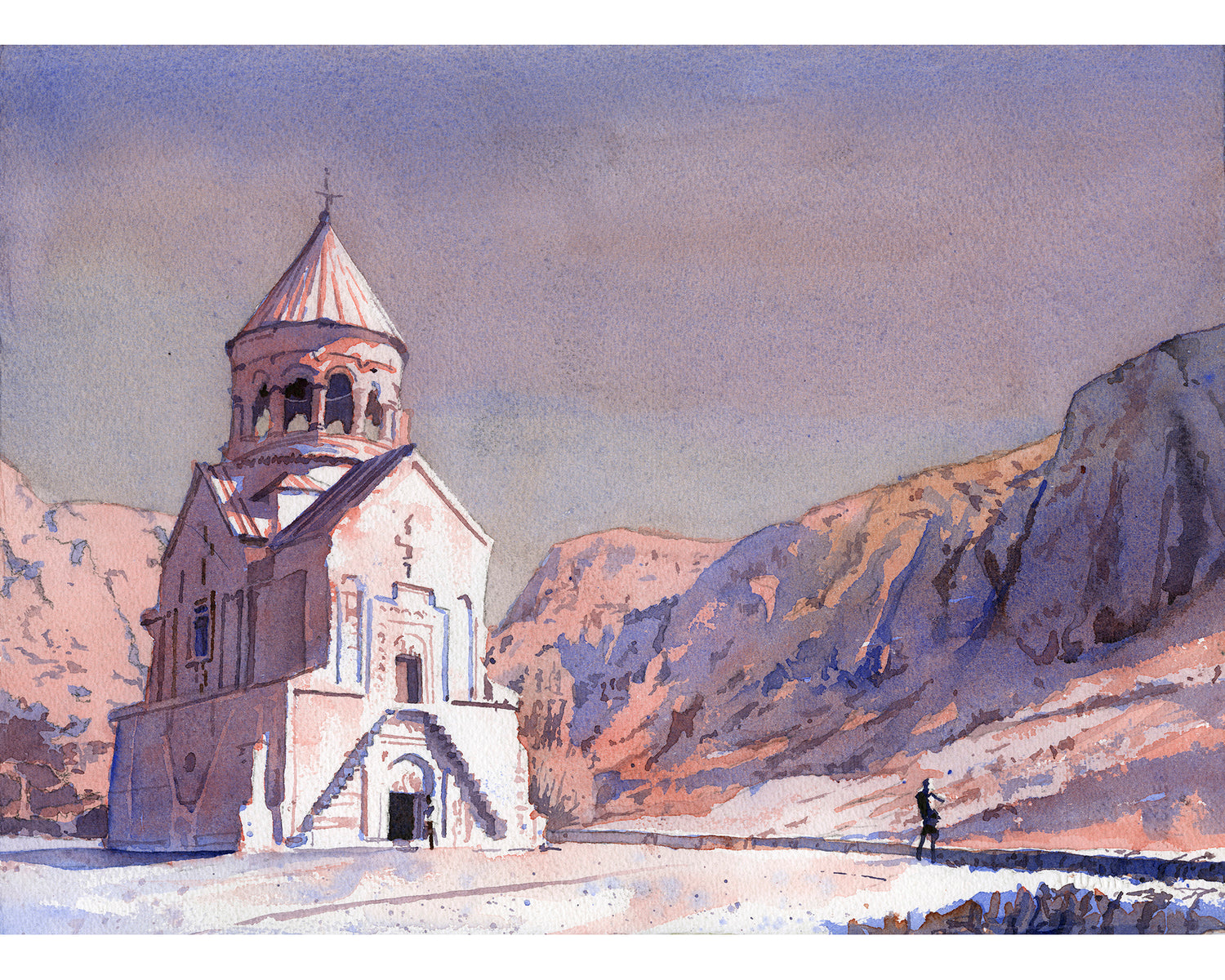 Caucasus mountain watercolor featuring Khor Noravank Monastery in Armenia—perfect for spiritual interior design or as a unique travel-inspired gift.