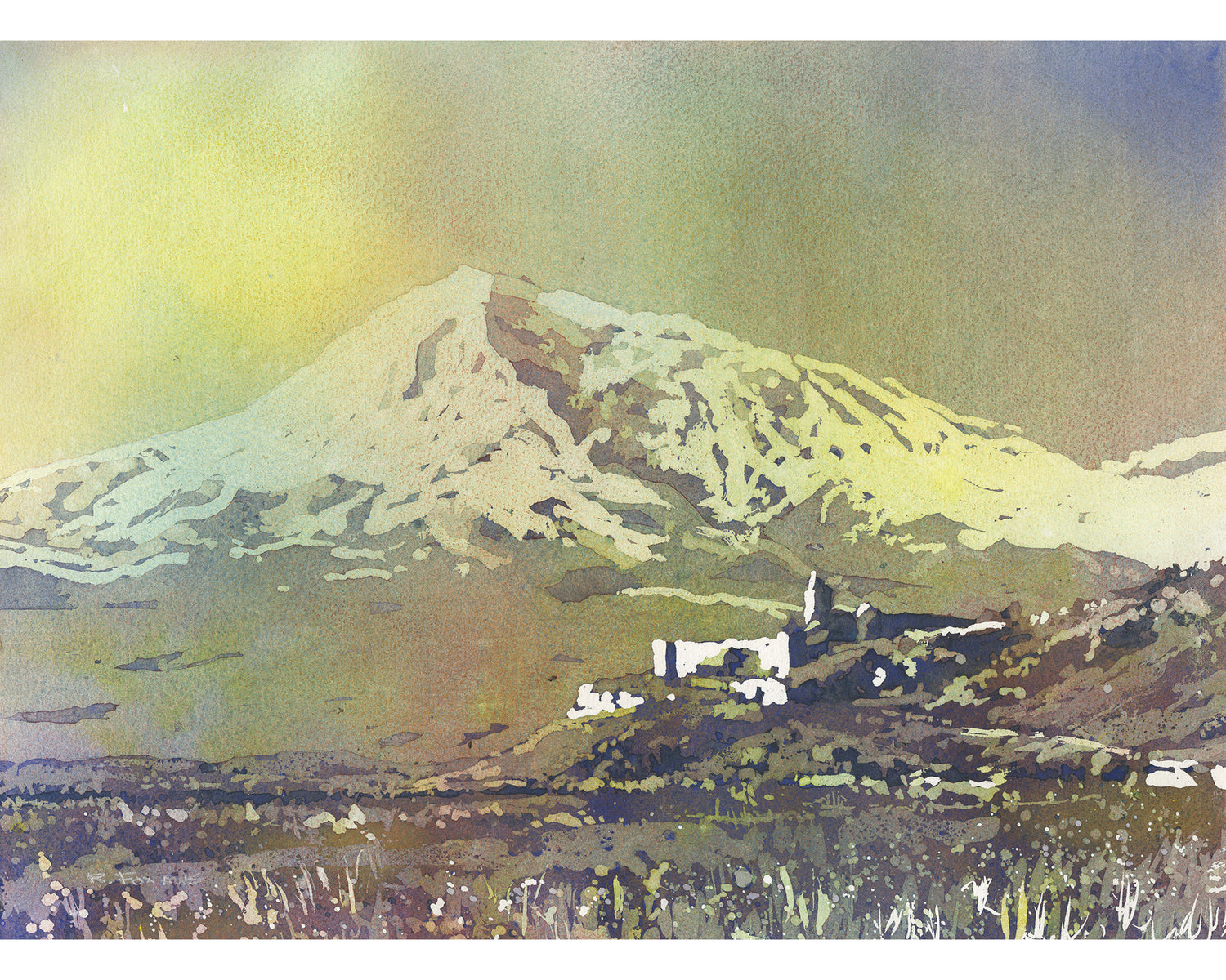 Colorful watercolor landscape of Khor Virap Monastery in Armenia with snow-capped Mount Ararat in the distance—perfect travel essentials and home decor for art lovers.