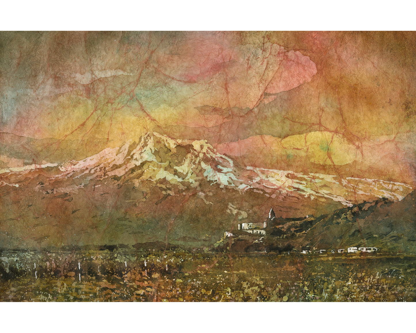 Colorful watercolor batik painting of Khor Virap Monastery with Mount Ararat in the background, capturing Armenia’s iconic landscape—perfect handmade Armenian decor for house or office walls.