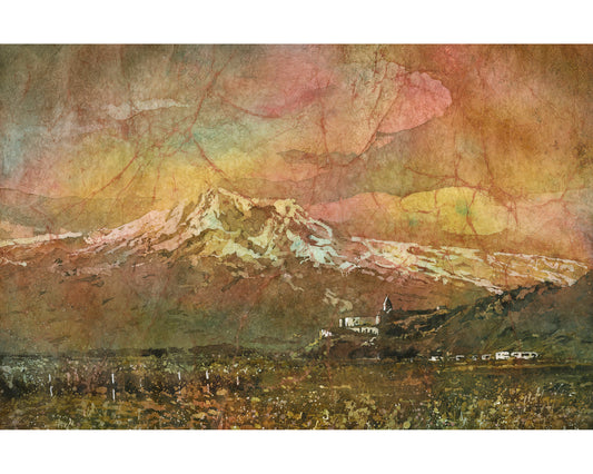 Colorful watercolor batik painting of Khor Virap Monastery with Mount Ararat in the background, capturing Armenia’s iconic landscape—perfect handmade Armenian decor for house or office walls.