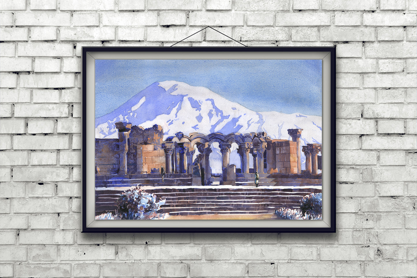 Peaceful watercolor landscape of Zvartnots ruins framed by the iconic Mount Ararat—an inspiring piece of Armenian heritage and colorful wall decor.