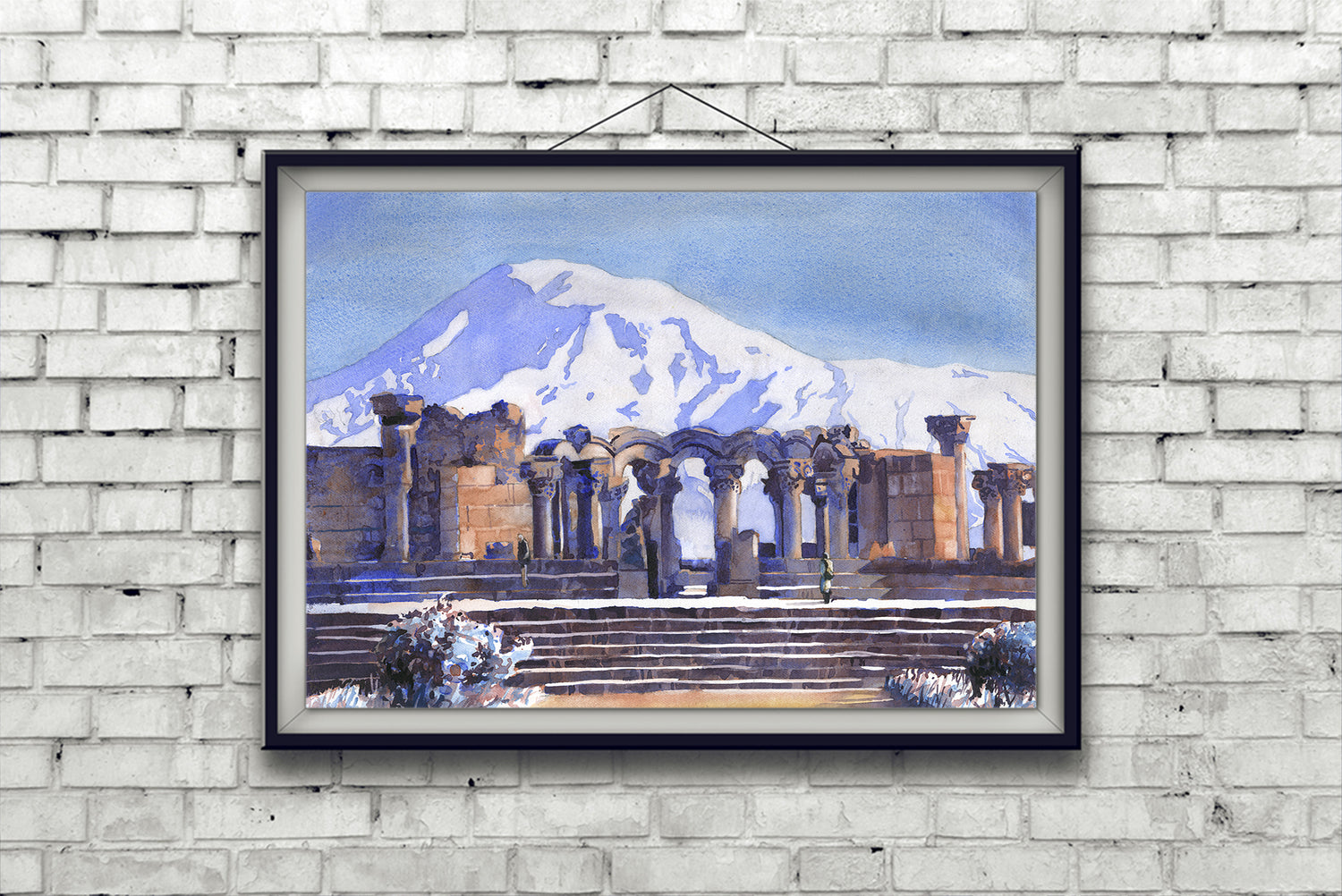 Peaceful watercolor landscape of Zvartnots ruins framed by the iconic Mount Ararat—an inspiring piece of Armenian heritage and colorful wall decor.