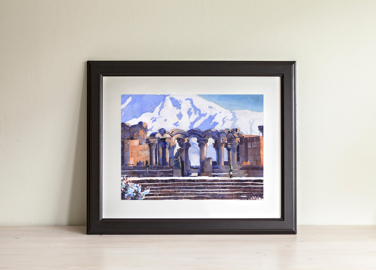 Scenic watercolor painting of Zvartnots medieval ruins near Yerevan with Armenia’s Mount Ararat behind—ideal for travel lovers and fine art collectors.