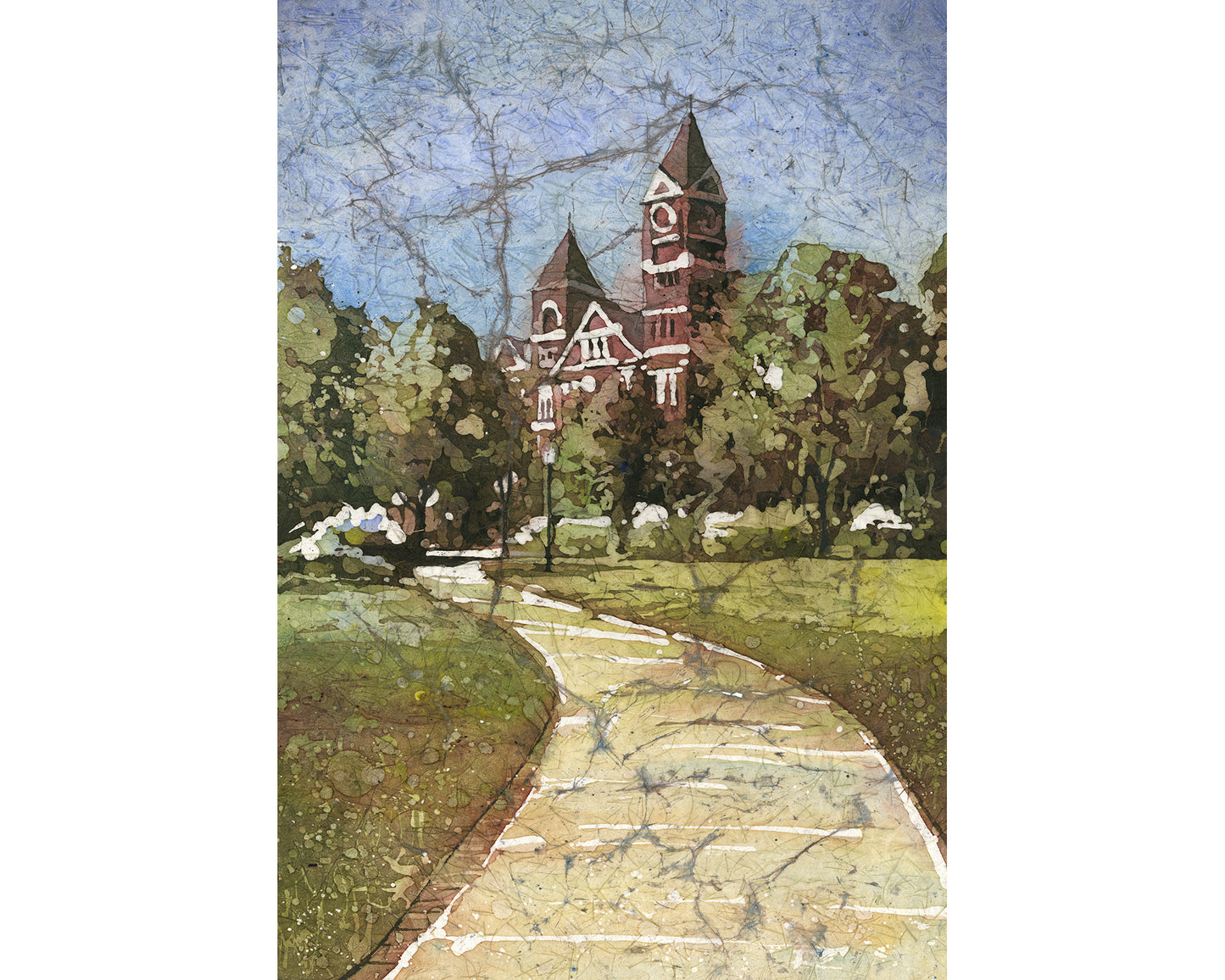 Colorful watercolor batik painting of Samford Hall at Auburn University in Auburn, Alabama.