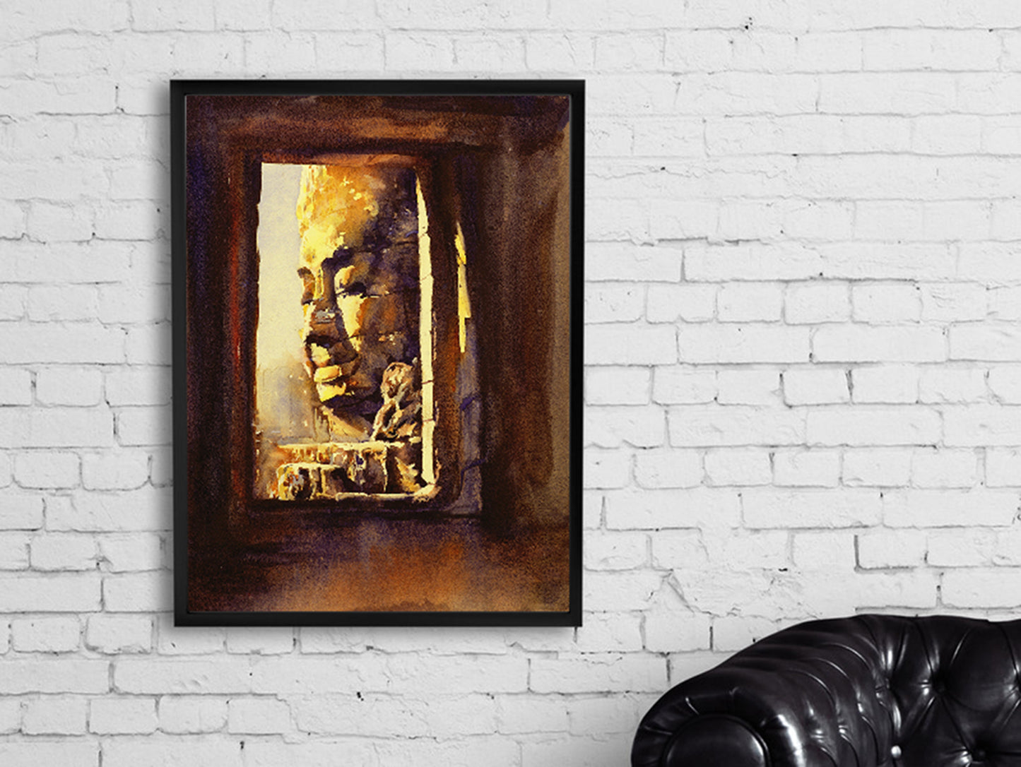 Colorful watercolor landscape painting of Bayon Temple at sunset among the Angkor Wat ruins, Cambodia—perfect SE Asia home decor and travel wall art.