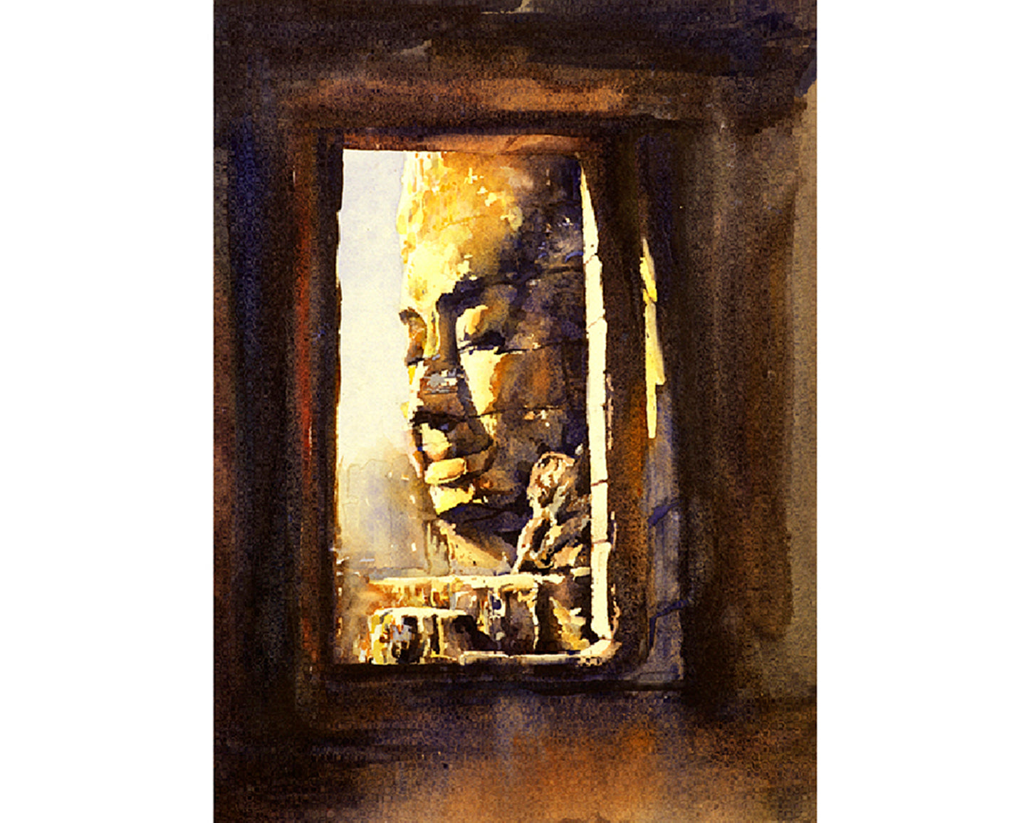 Colorful watercolor landscape painting of Bayon Temple at sunset among the Angkor Wat ruins, Cambodia—perfect SE Asia home decor and travel wall art.