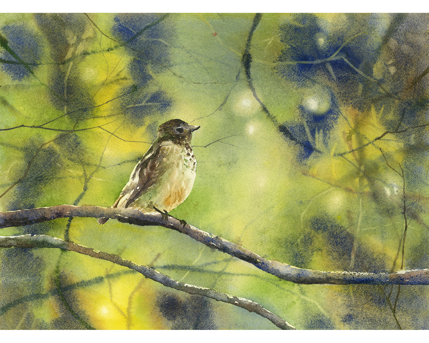 Colorida pintura de acuarela pájaro cantor en rama regalo de inauguración de la casa artículo hecho a mano decoración del apartamento giclee (impresión)