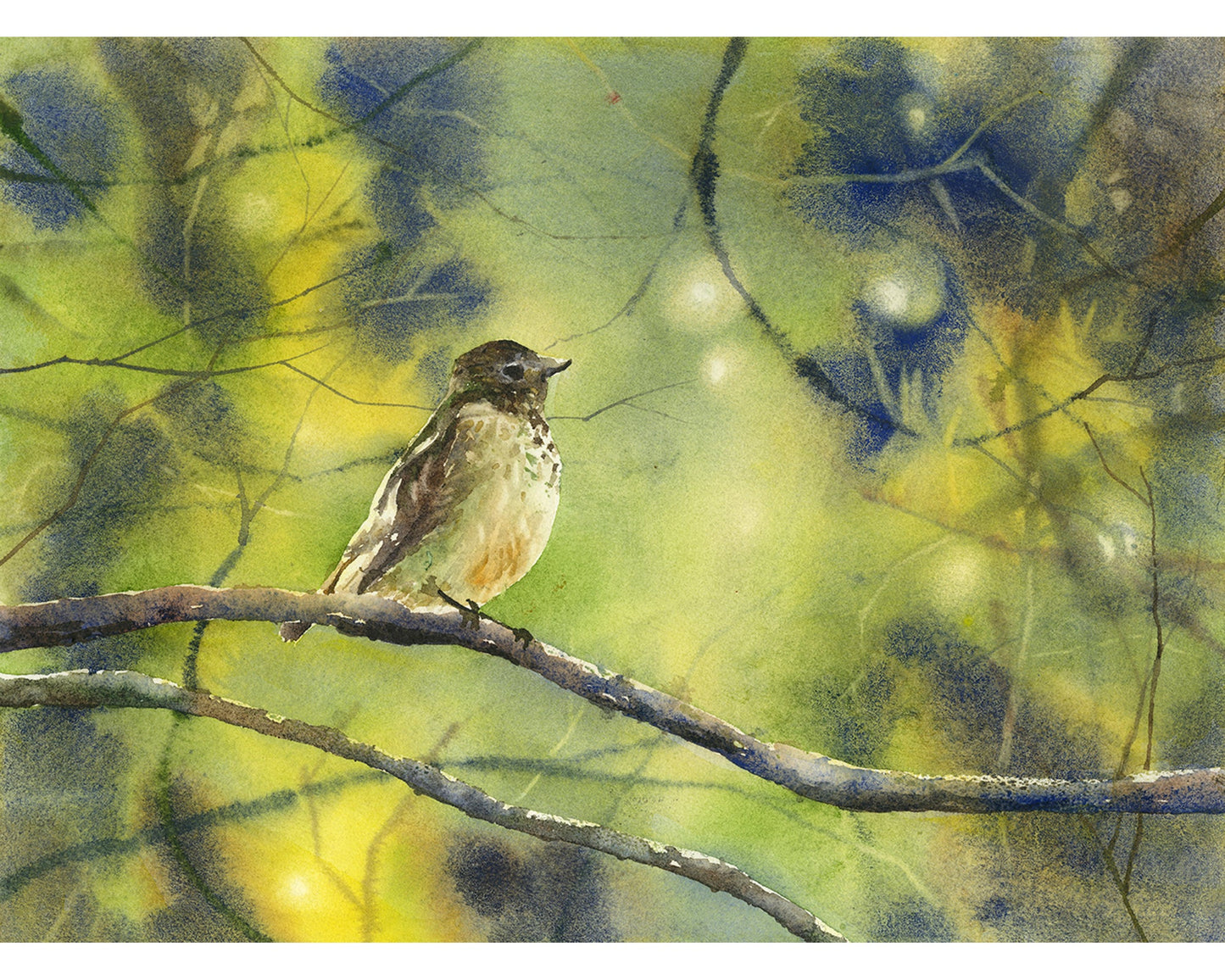 Acuarela pintura pájaro cantor en rama regalo de inauguración de la casa artículo hecho a mano decoración del apartamento (original)