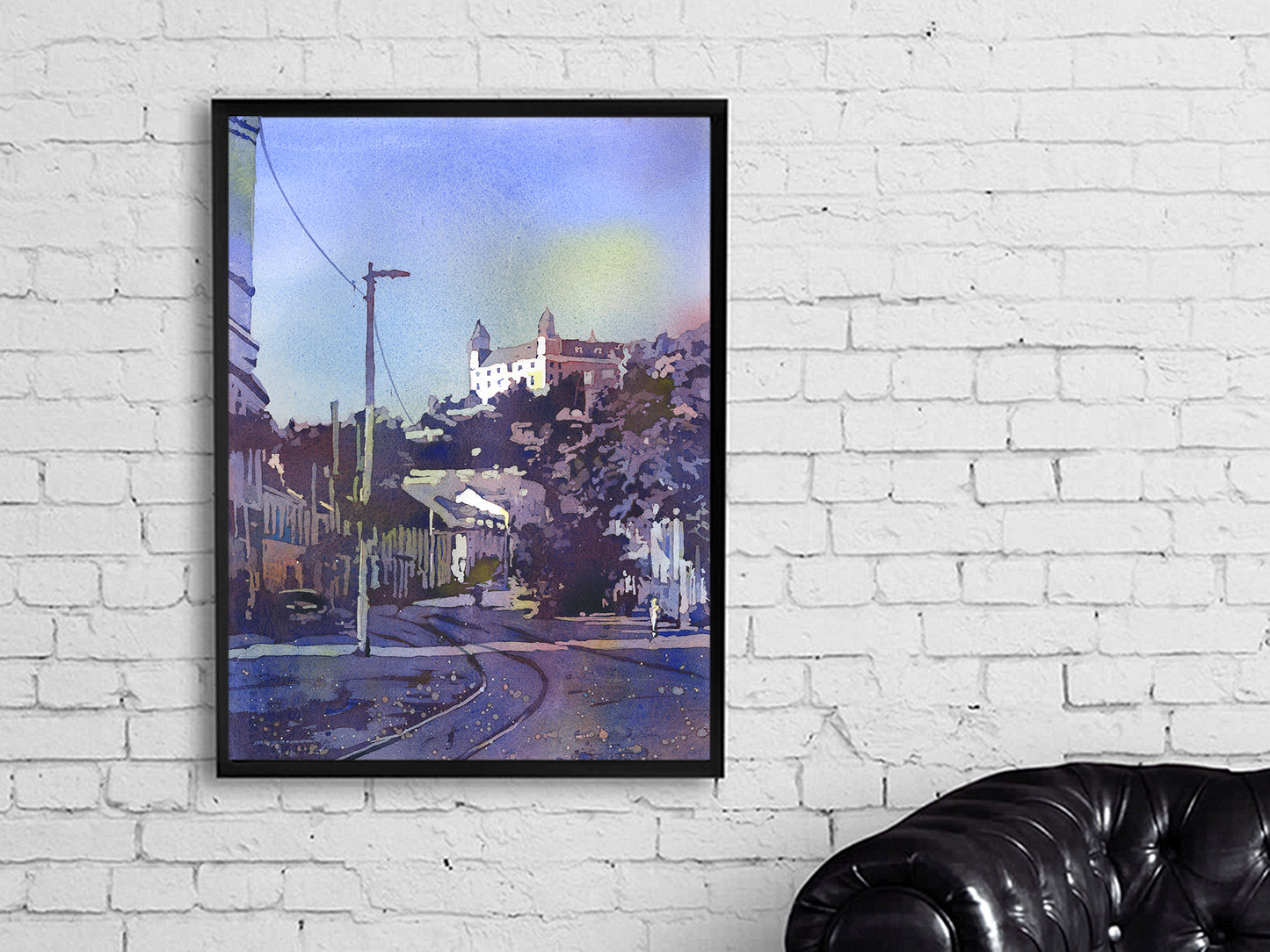 Bratislava Eslovaquia paisaje urbano acuarela pintura de puesta de sol, arte de pared de moda artículos esenciales de viaje arte para la casa (original)