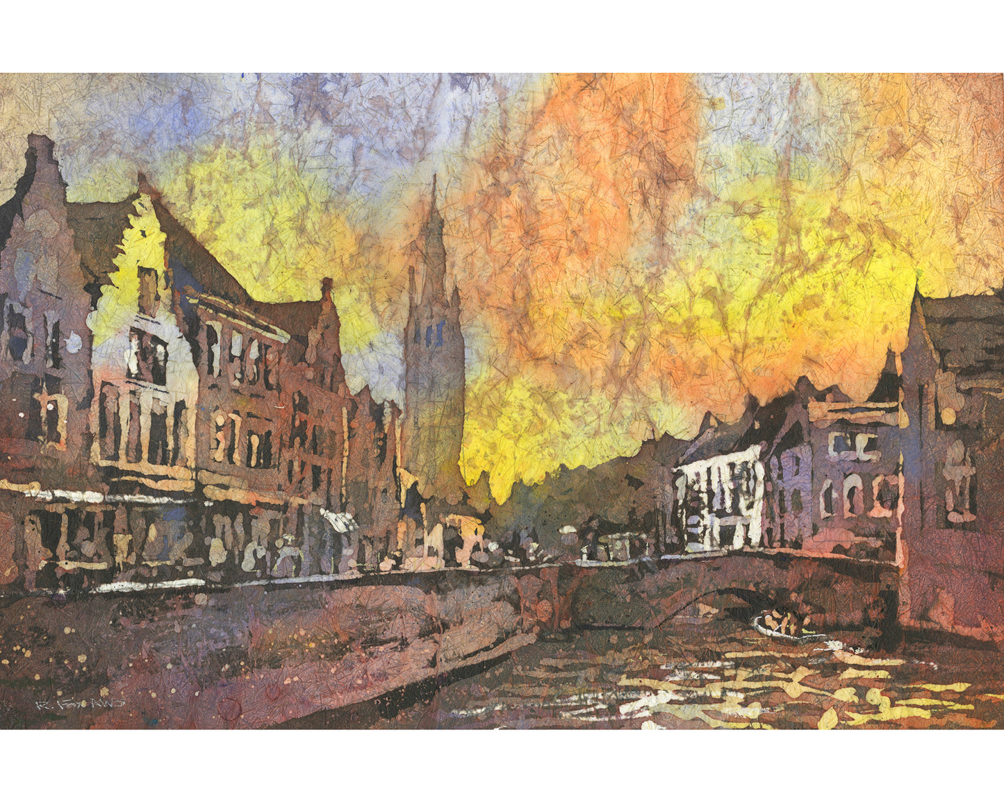 Brujas pintando el campanario en el centro de Brujas, Bélgica. Pintura en acuarela de la obra de arte del horizonte del campanario de Brujas, Bélgica (impresión)