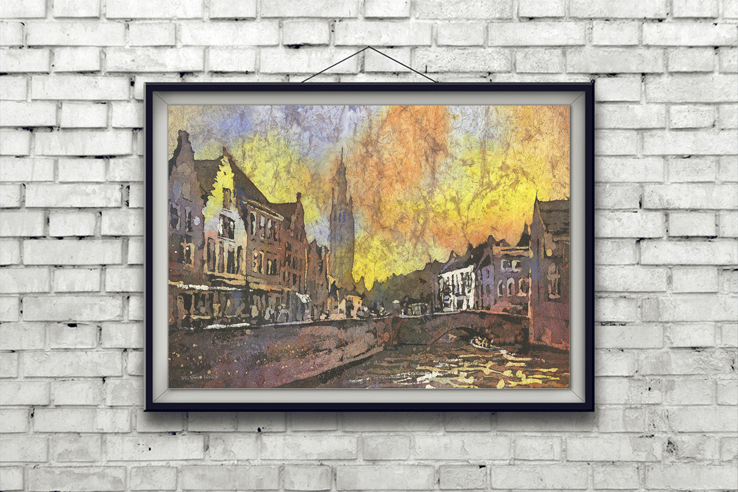 Brujas pintando el campanario en el centro de Brujas, Bélgica. Pintura en acuarela de la obra de arte del horizonte del campanario de Brujas, Bélgica (impresión)