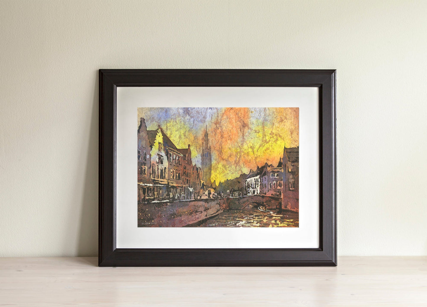 Watercolor painting Bruges, Belgium.  Watercolor painting of Bruges Belgium belfry skyline artwork (original)