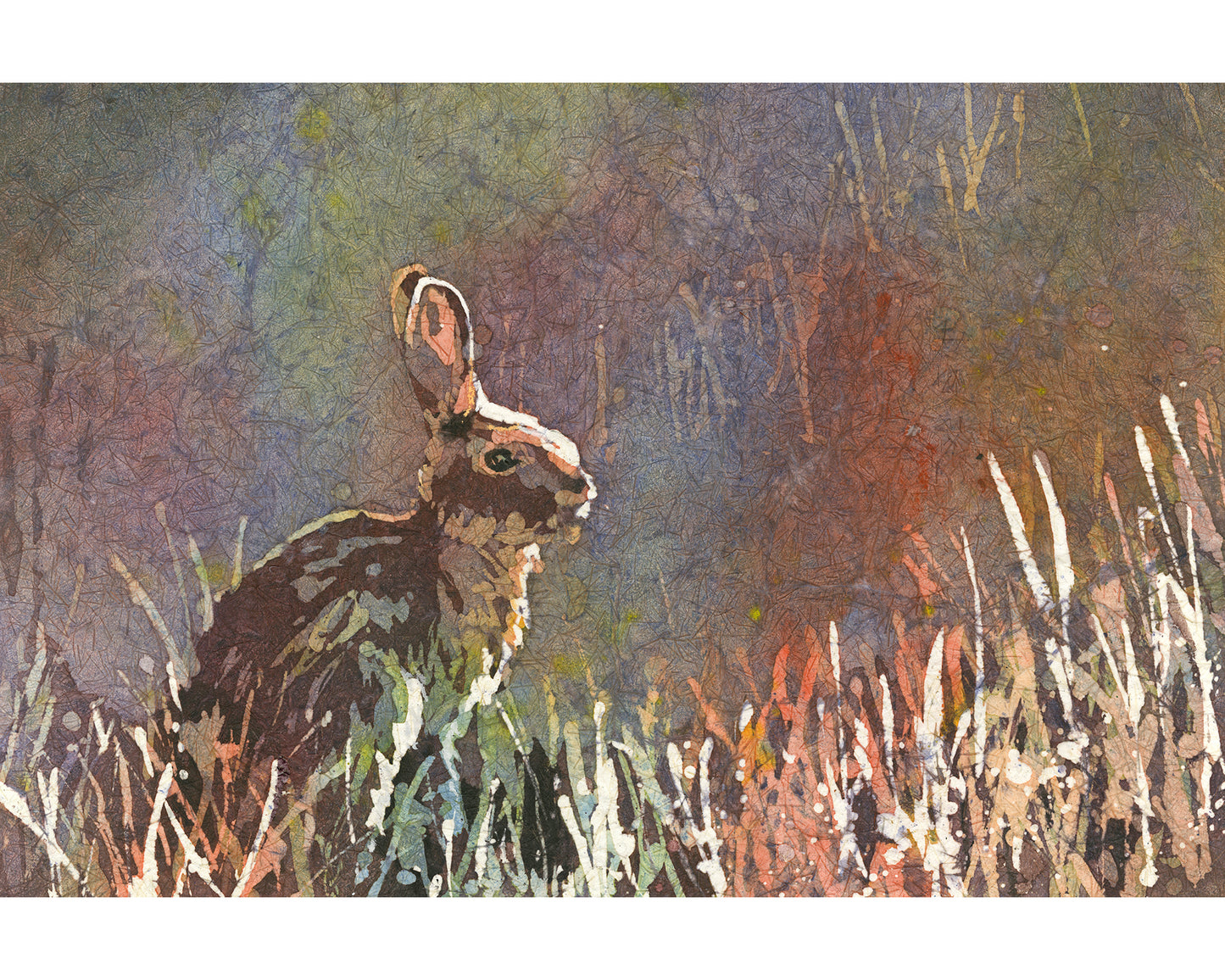 Colorful batik watercolor painting of a bunny rabbit nestled in tall green grass, ideal handmade kids room decor or unframed art for animal-themed nursery walls