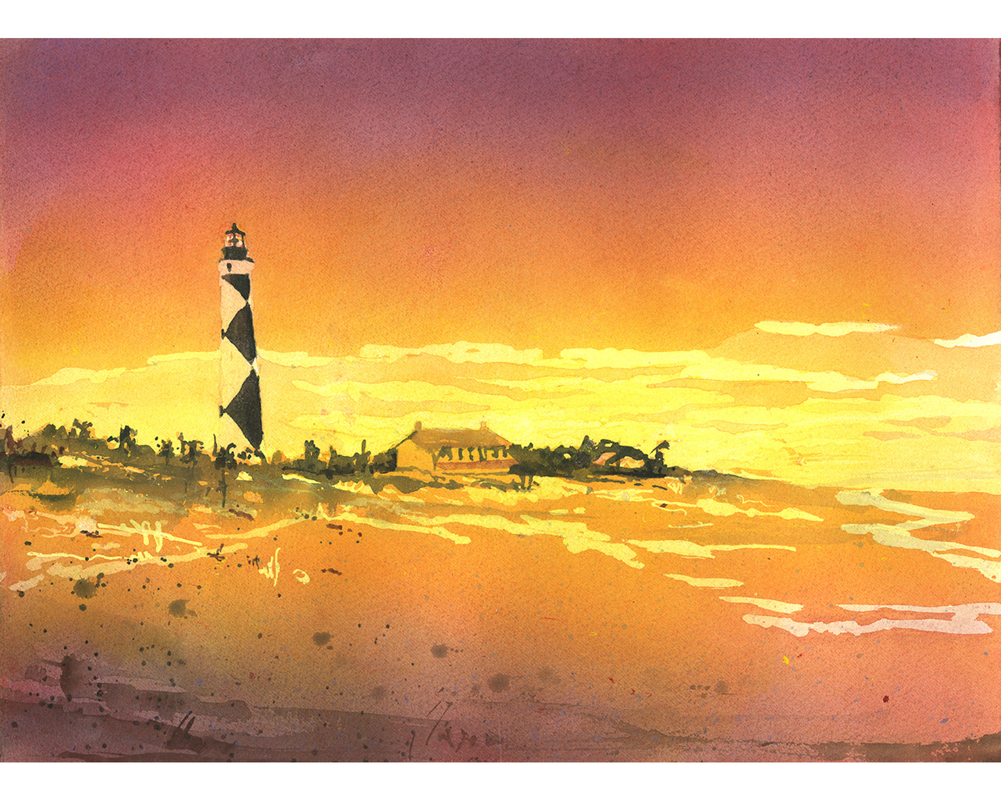 Hand-painted watercolor of Cape Lookout Lighthouse in North Carolina's Outer Banks, featuring vibrant blues and sandy shore—perfect coastal wall art for beach house decor or nautical-themed interiors