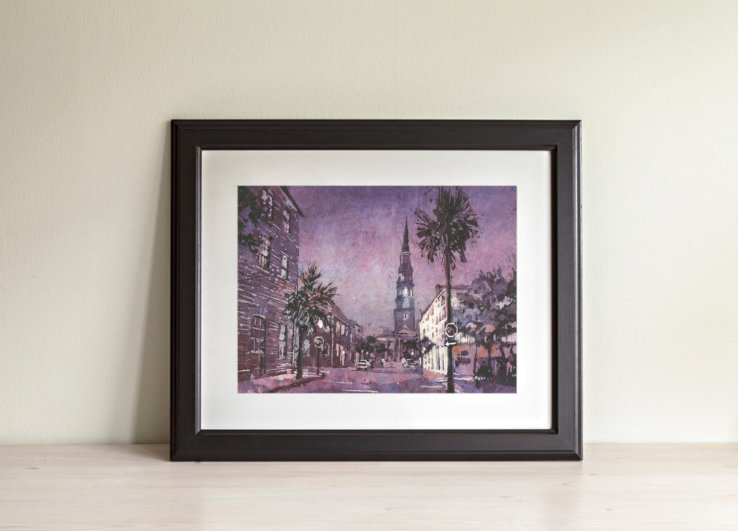 Charleston SC church watercolor batik cityscape St. Philips church exterior street scene colorful artwork (print)