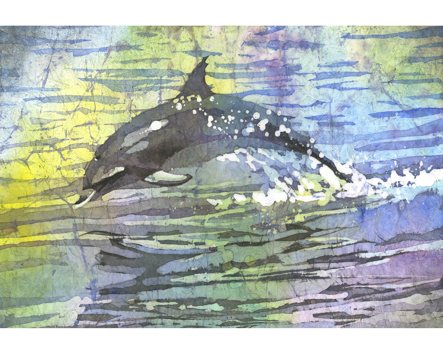 Vibrant watercolor batik painting of a dolphin gracefully swimming through crystal blue ocean waters, handmade with love—perfect nautical artwork for kids' room or beach-themed interior.