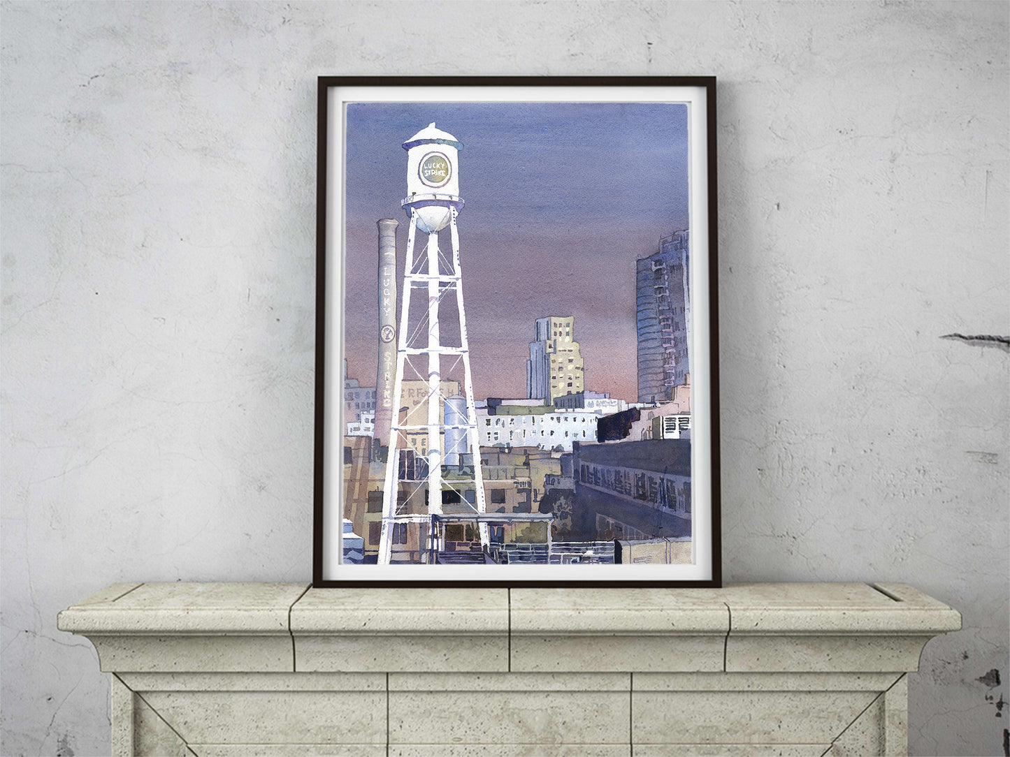 Durham NC skyline watercolor painting American Tobacco Campus colorful landscape  architecture giclee (print)