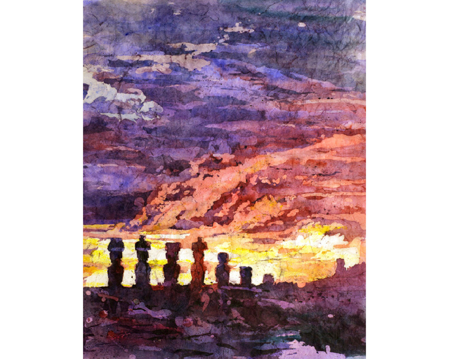 A colorful sunset landscape watercolor painting of Moai statues on Easter Island, Chile, with dramatic silhouettes against a glowing sky—ideal for Easter Island art and global home decor.