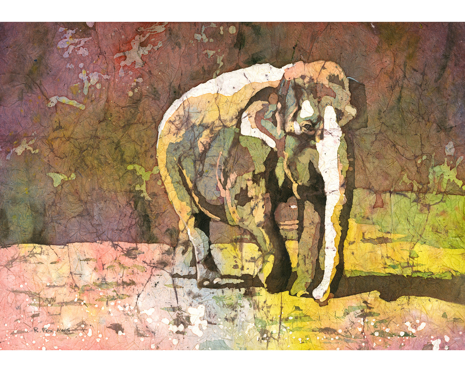 Handmade watercolor batik painting of an elephant walking through an African safari landscape at sunset, perfect for decorating a child’s room or nature-themed space