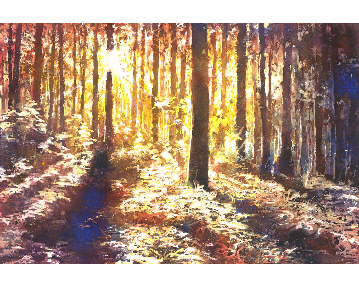 A radiant original watercolor landscape painting art walls sunset housewarming gift, capturing sunlight streaming through a dense forest of tall trees, with golden light glowing across the forest floor and creating a warm, tranquil atmosphere.