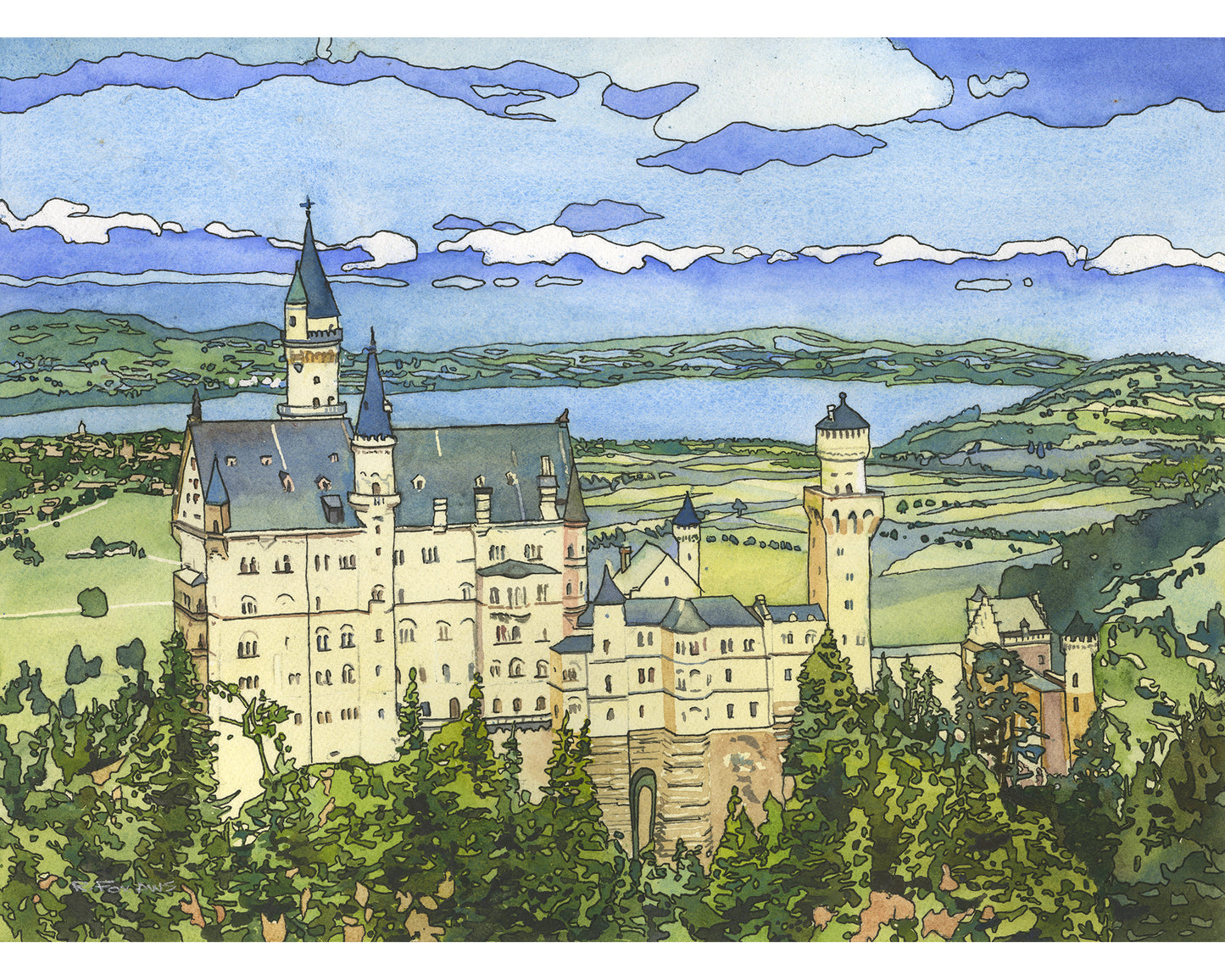 Colorida pintura de acuarela Castillo de Neuschwanstein Baviera- Alemania obras de arte de tendencia ahora castillo alemán bellas artes Baviera (impresión)