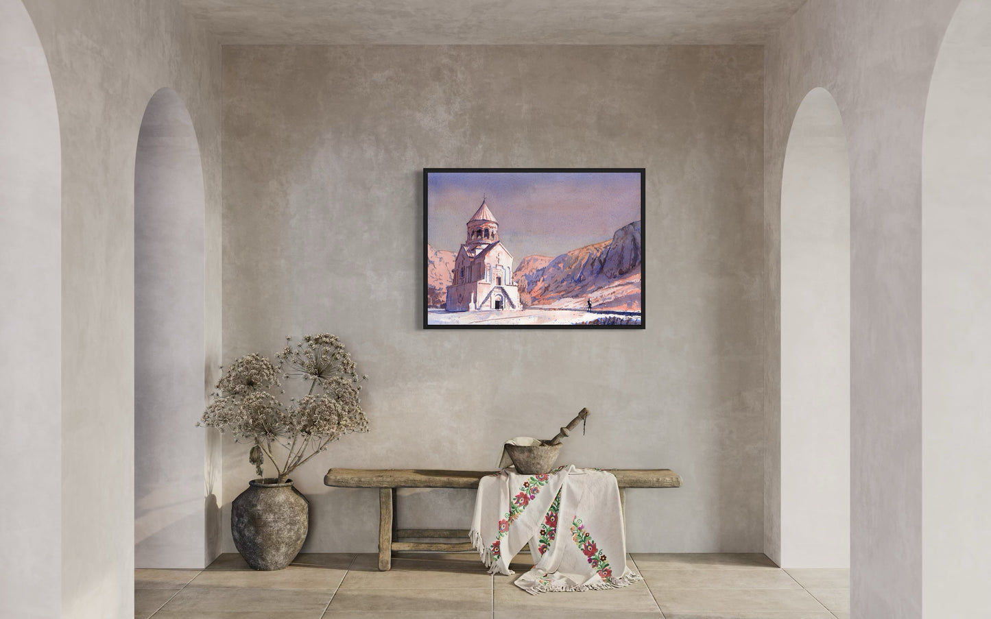 Armenian religious site Khor Noravank Monastery captured in warm watercolor tones—perfect for spiritual decor or gift for someone who appreciates heritage and beauty.