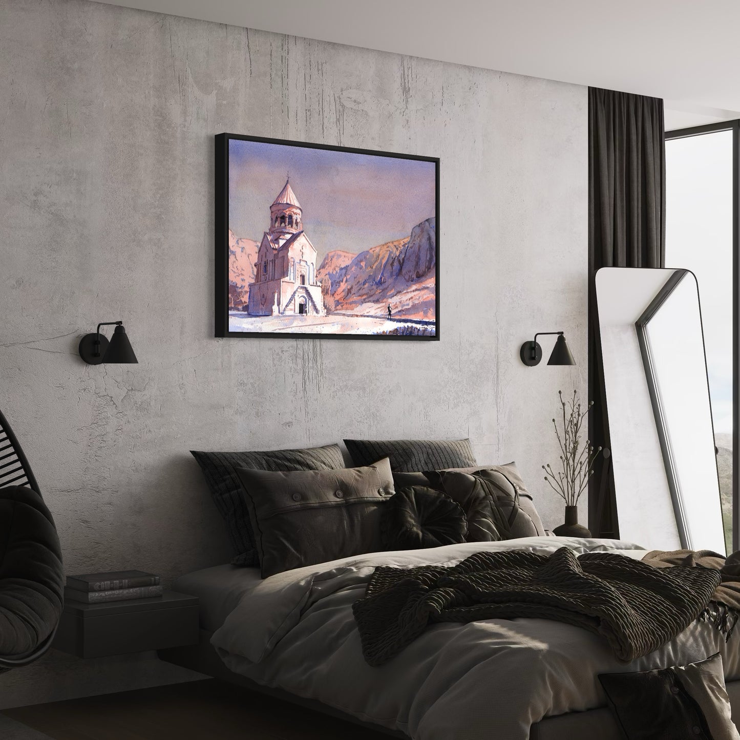 Colorful watercolor landscape of the historic Khor Noravank Monastery, blending architecture and nature in an original fine art print for home or office.