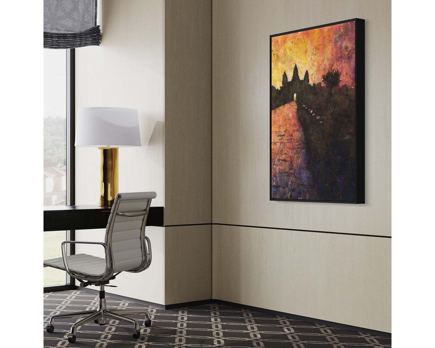 Watercolor landscape showing the iconic silhouette of Angkor Wat temple at dawn with soft pastel colors—ideal Angkor Wat painting for home or office spaces.