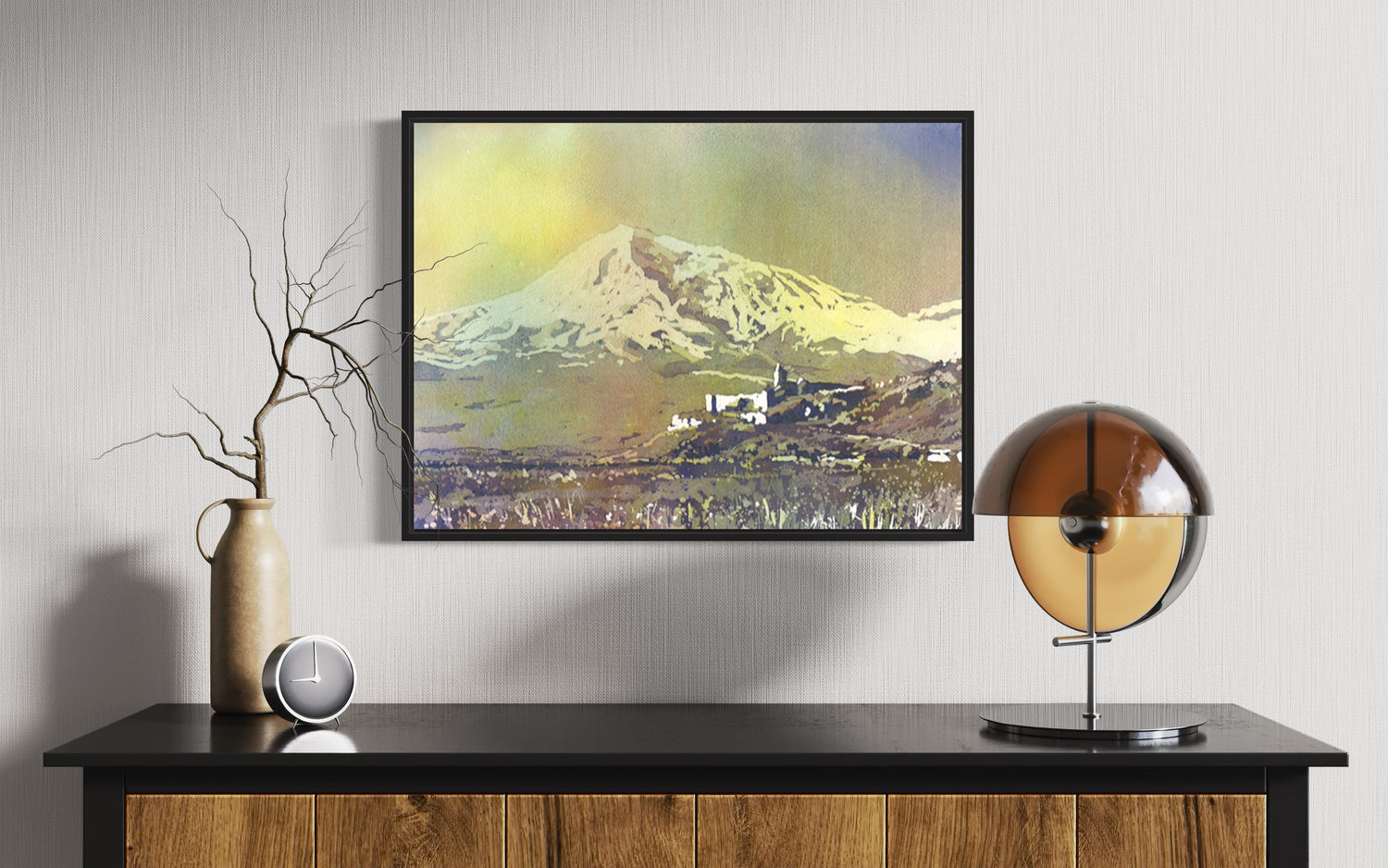 Peaceful landscape watercolor of Khor Virap in Armenia with fields, stone architecture, and the symbolic Mount Ararat—perfect wall art for home or office.