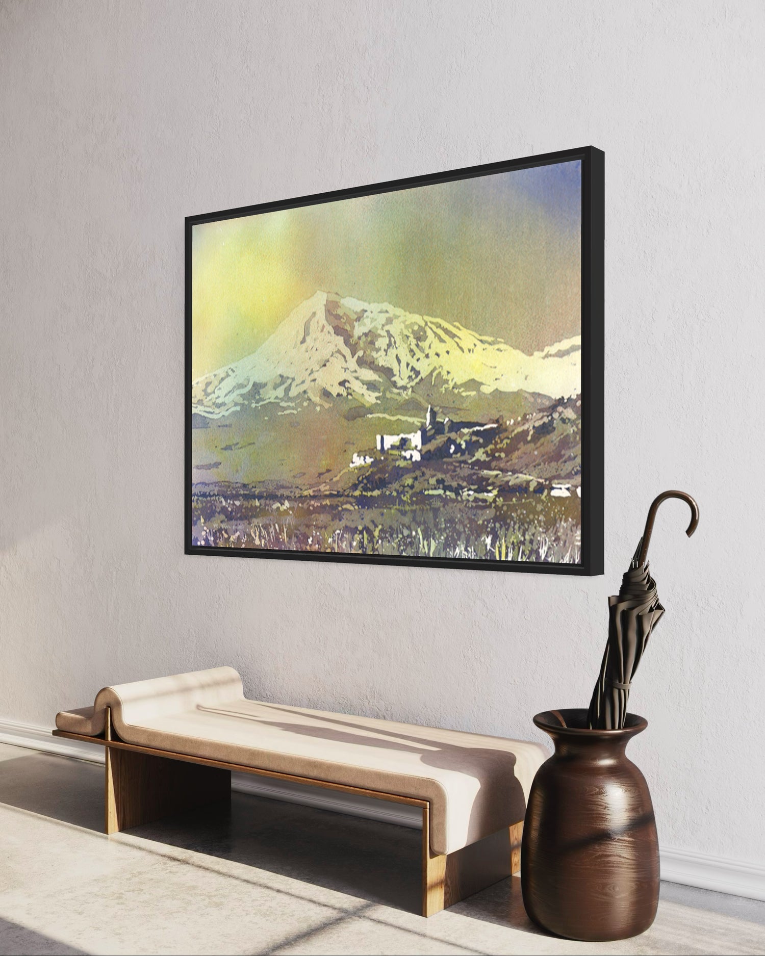 Detailed and colorful watercolor showing Khor Virap monastery framed by Armenia’s natural beauty and mountain skyline—great for home design.