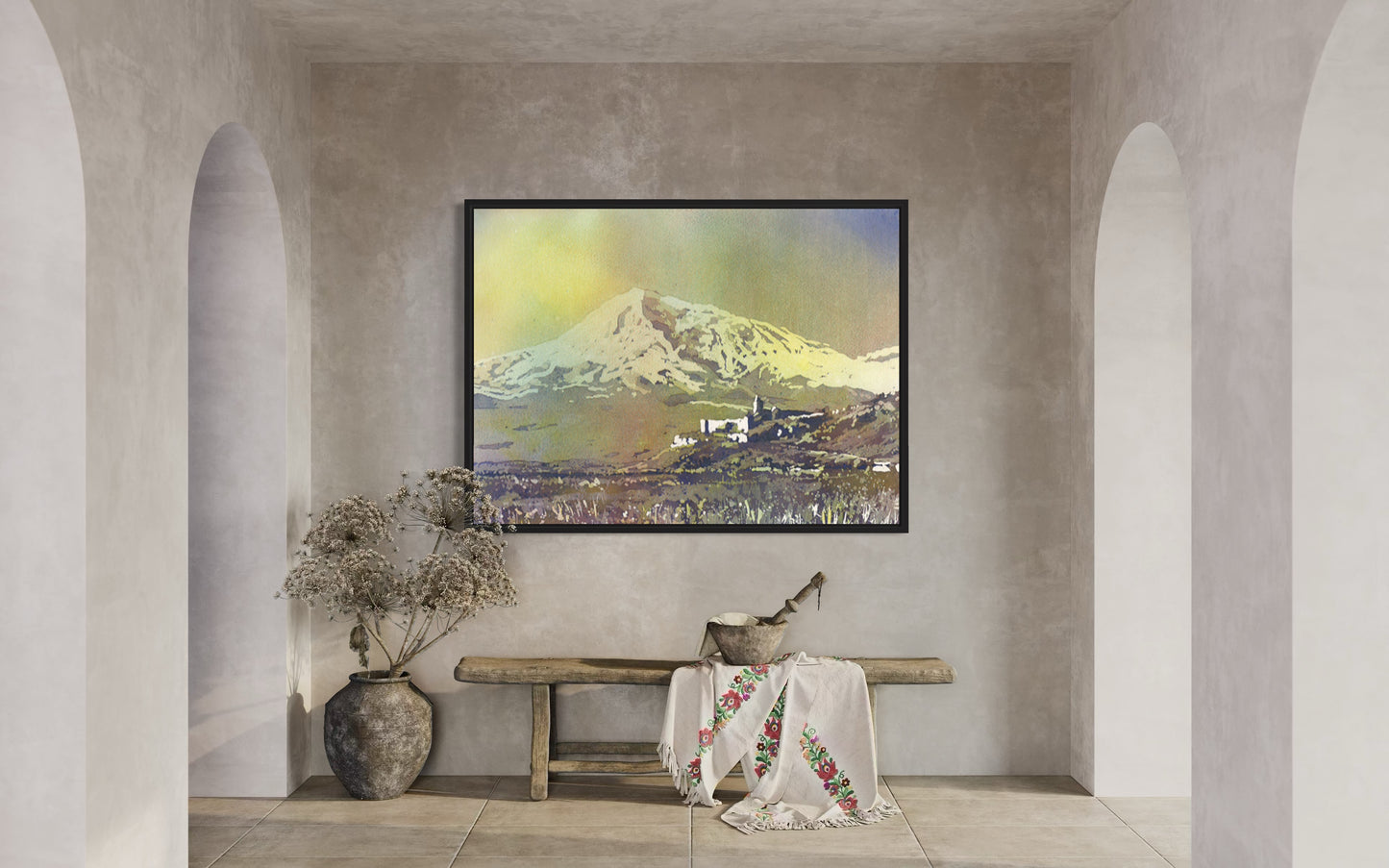 Scenic view of Armenia’s iconic Khor Virap and Mount Ararat rendered in watercolor—ideal for cultural home decor or thoughtful gifts.