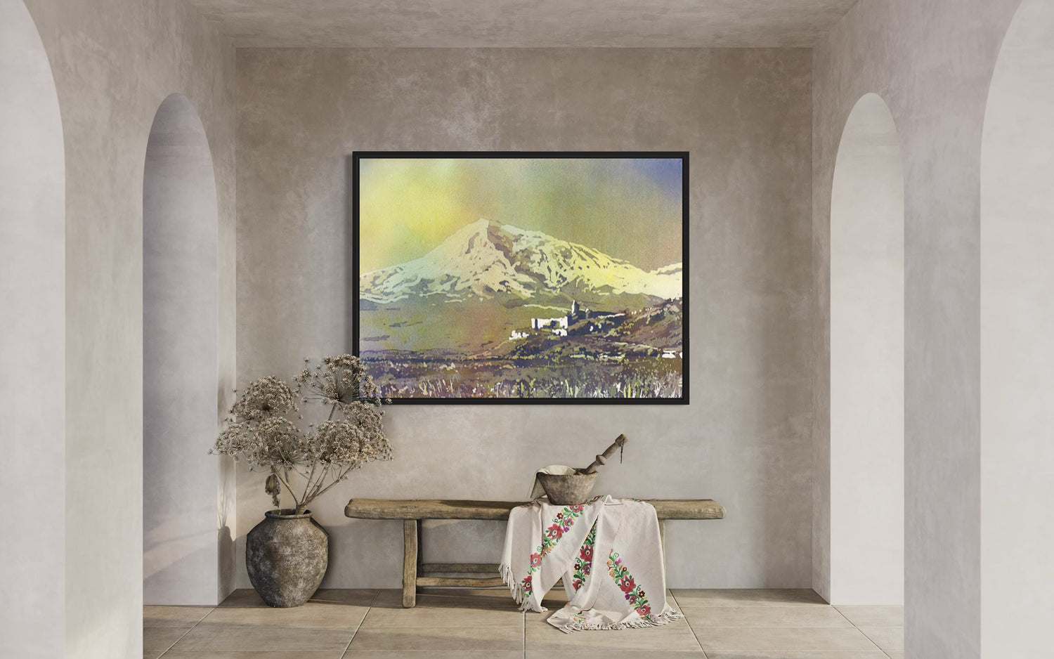 Scenic view of Armenia’s iconic Khor Virap and Mount Ararat rendered in watercolor—ideal for cultural home decor or thoughtful gifts.