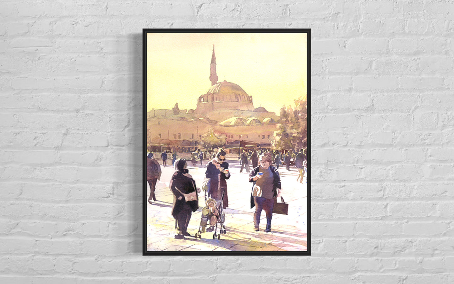 Lively Istanbul Turkey cityscape painted in expressive watercolor, highlighting mosque silhouettes and colorful buildings—great gift for him or her.