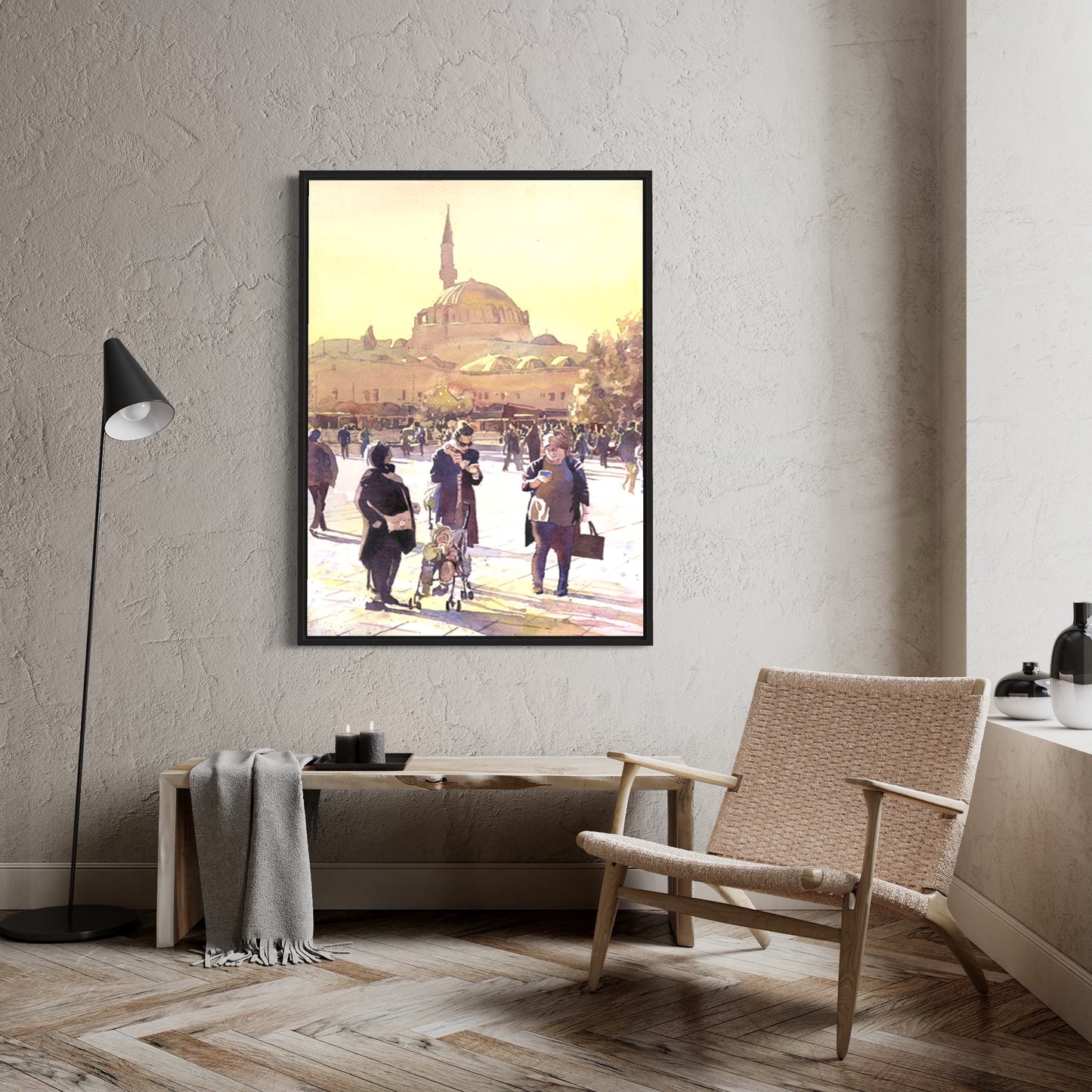 Fine art watercolor of a colorful street scene in Istanbul with classic minarets and domes—perfect for travel essentials and home office decor.