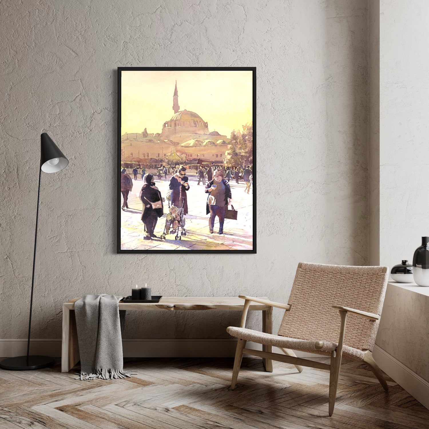 Fine art watercolor of a colorful street scene in Istanbul with classic minarets and domes—perfect for travel essentials and home office decor.