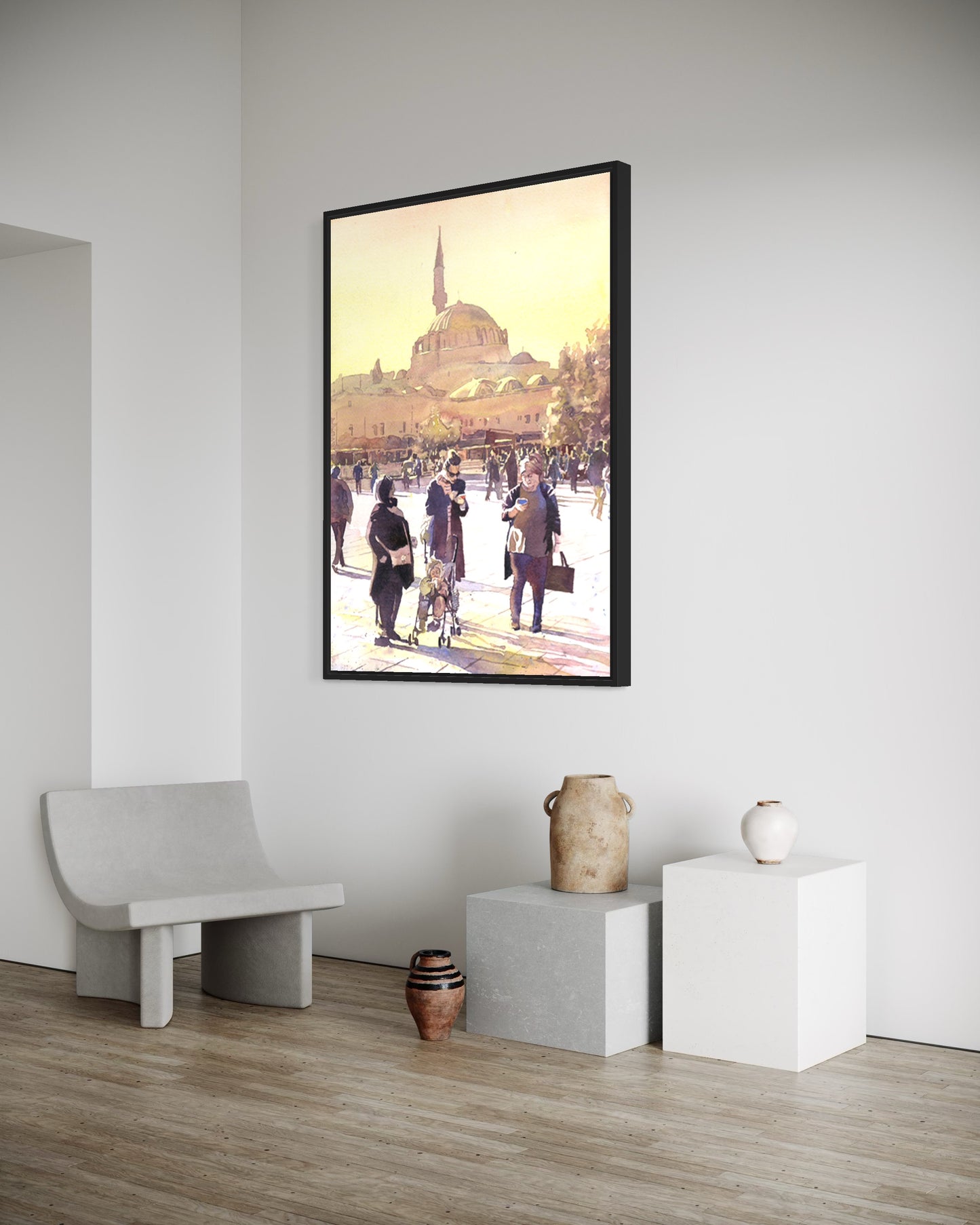 Watercolor artwork of Istanbul’s vibrant skyline with historic mosque architecture and bright market streets—ideal for interior design and cultural travel decor.
