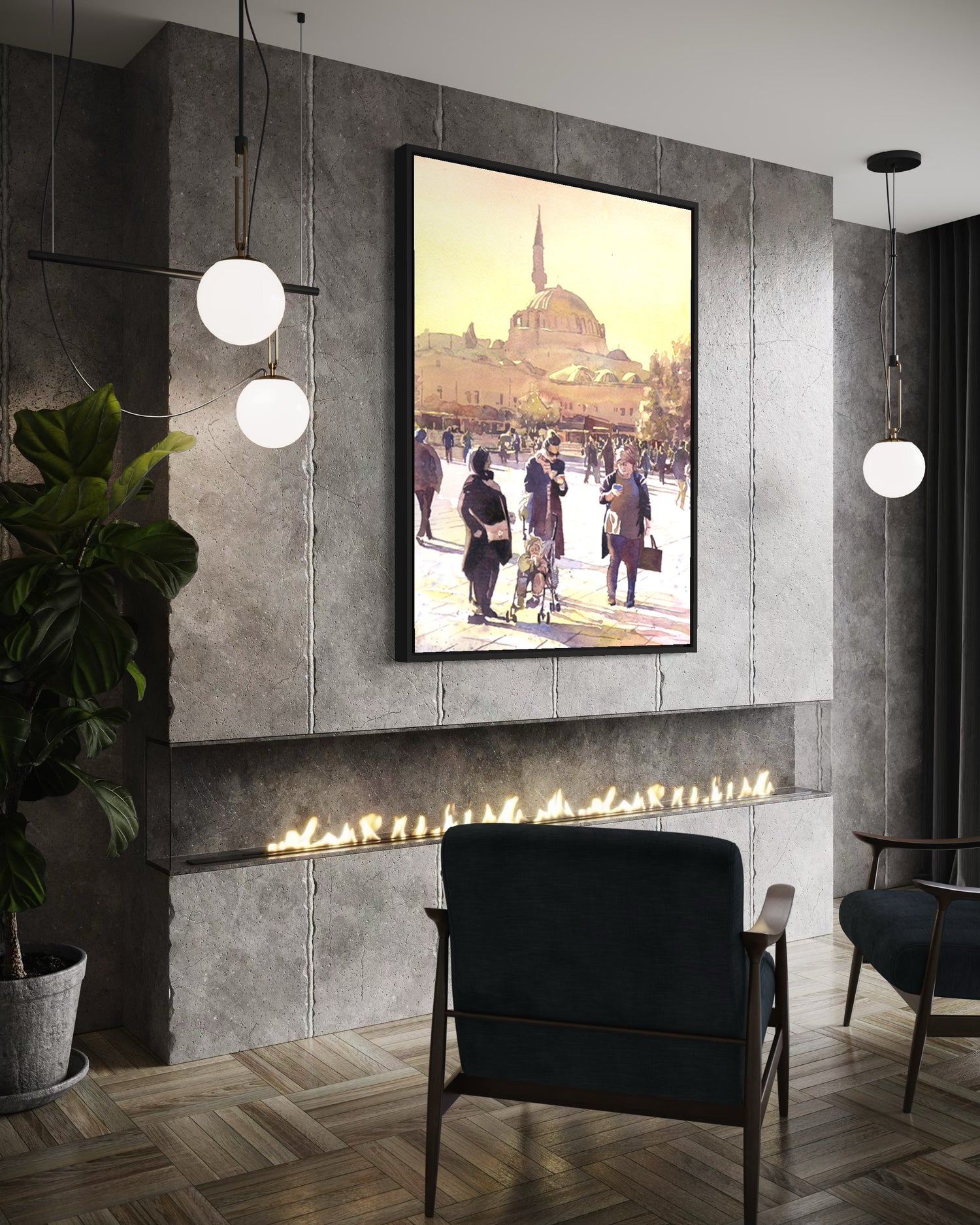 Scenic watercolor of Istanbul skyline with detailed mosque architecture and vivid urban life—ideal wall art for modern homes or travel lovers.