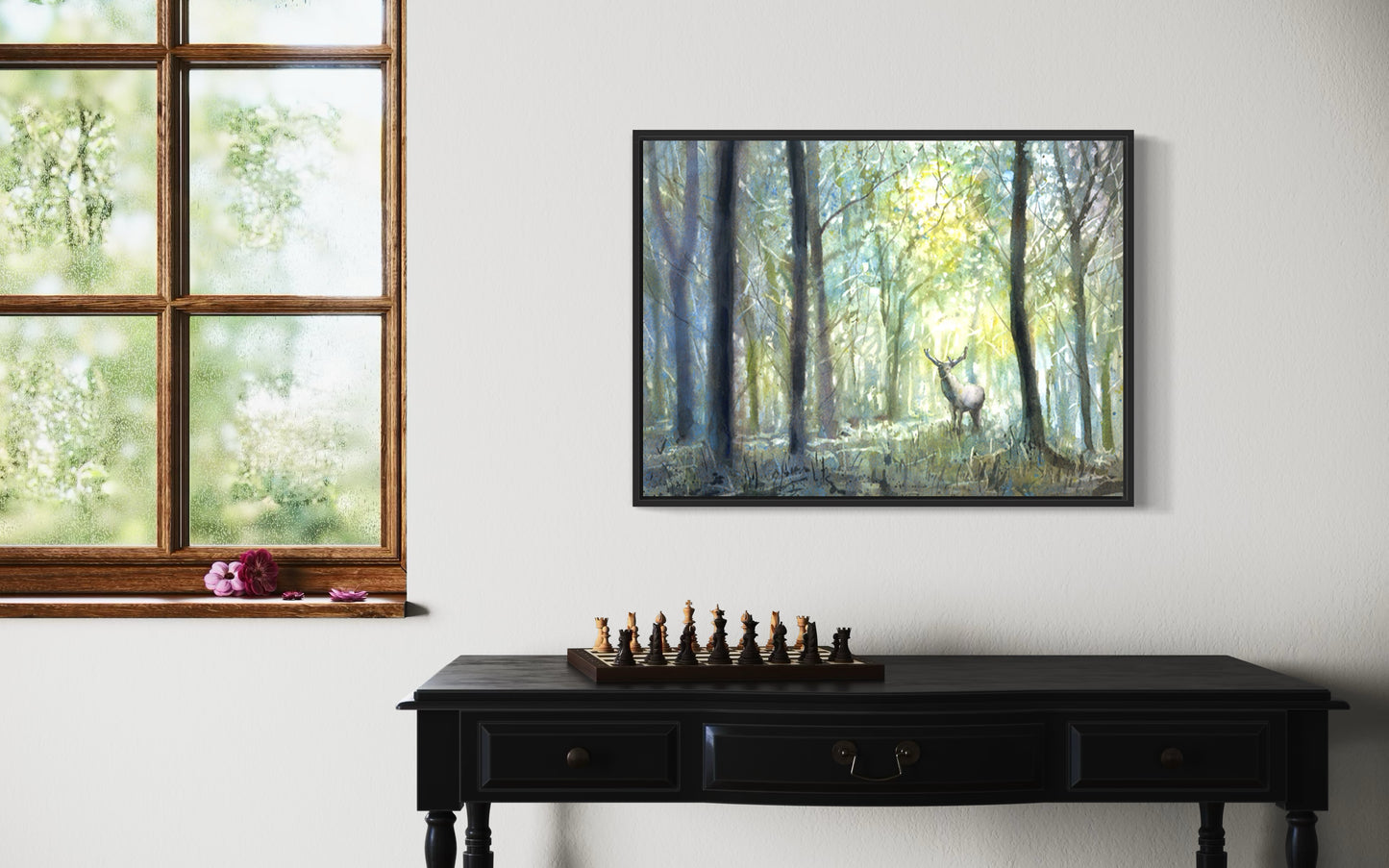 Forest landscape colorful watercolor sunrise stag tree art for house wall decor deer kids room artwork (print)