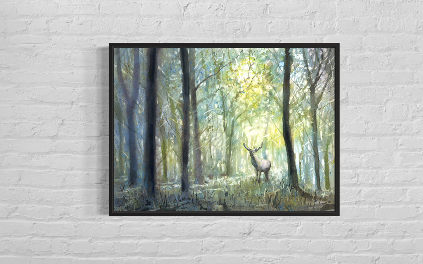 Forest landscape colorful watercolor sunrise stag tree art for house wall decor deer kids room artwork (print)