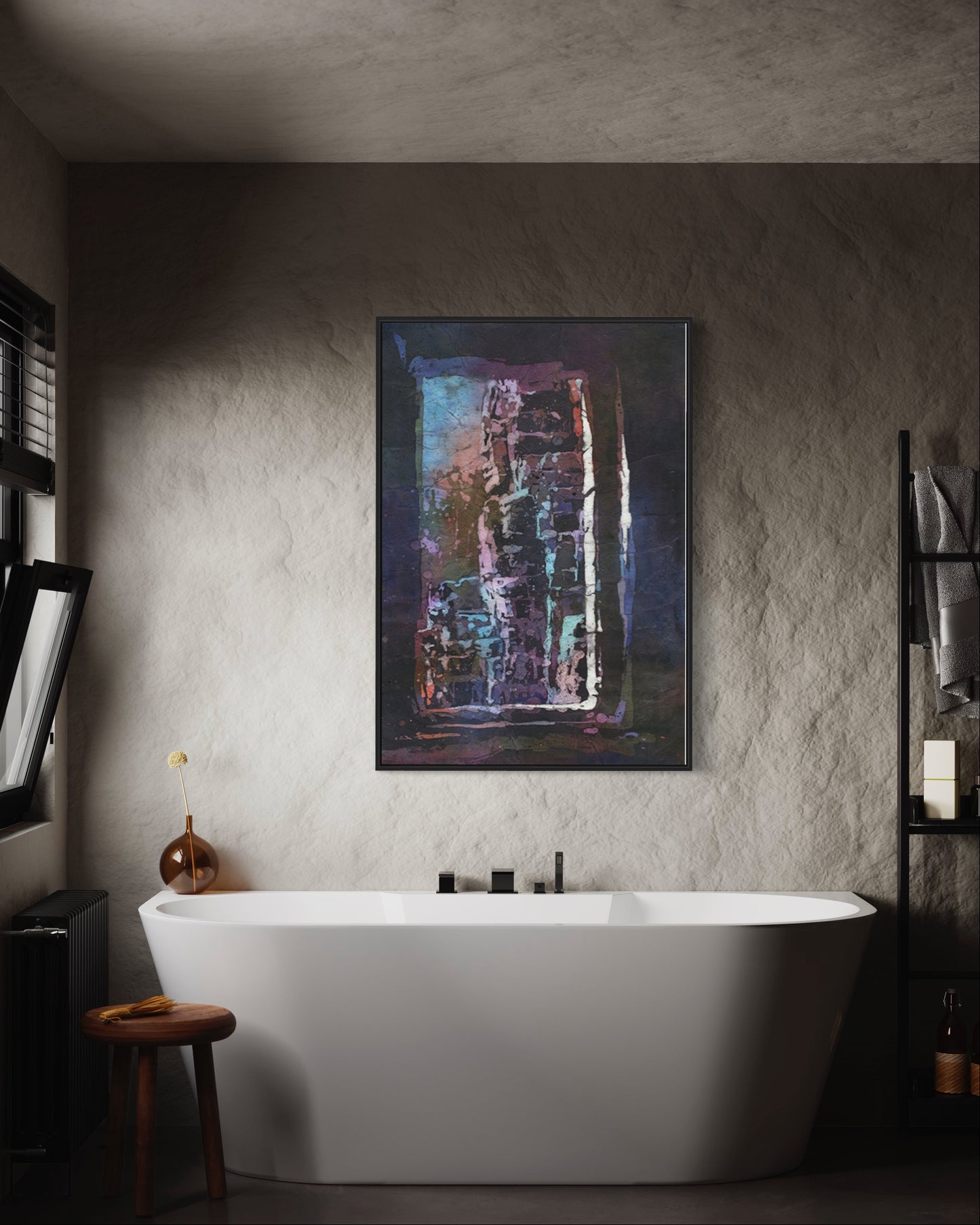 Atmospheric watercolor landscape showing Bayon Temple’s Khmer ruins in Siem Reap under a fiery Cambodian sunset—perfect home or office decor.